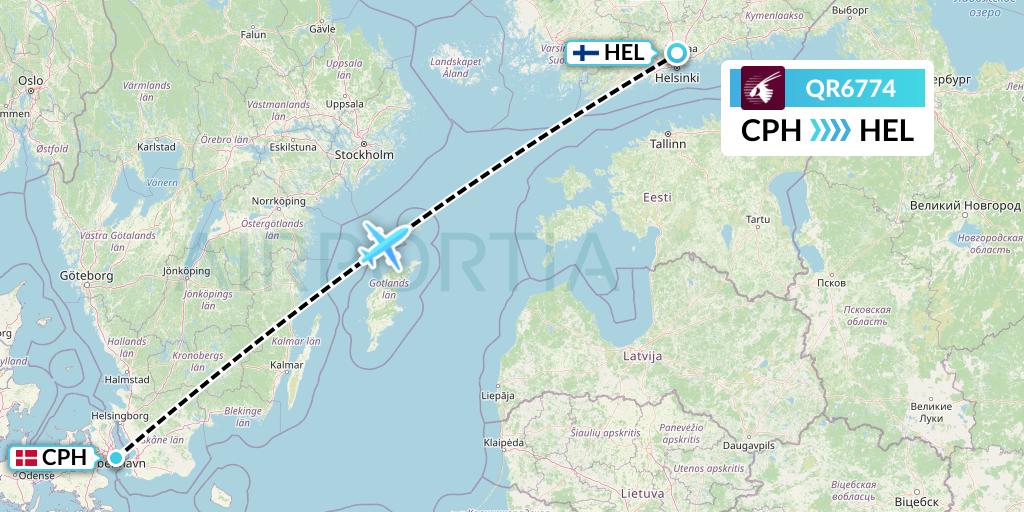QR6774 Qatar Airways Flight Map: Copenhagen to Helsinki