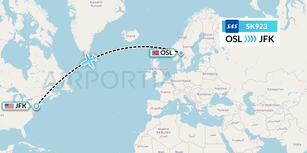 SK923 SAS Flight Map: Oslo to New York