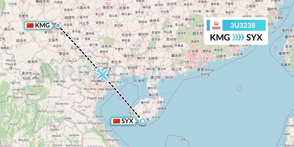 3U3238 Sichuan Airlines Flight Map: Kunming to Sanya
