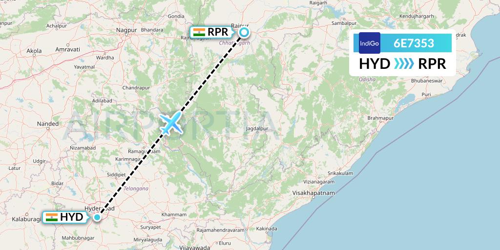 6E7353 IndiGo Airlines Flight Map: Hyderabad to Raipur
