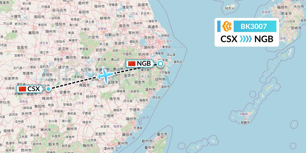 BK3007 Okay Airways Flight Map: Changsha to Ningbo