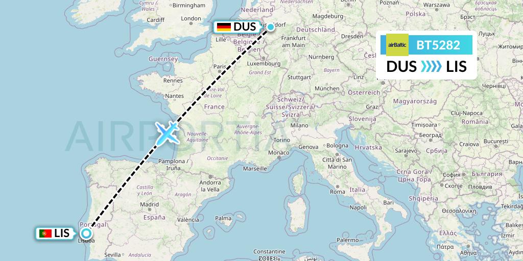 BT5282 Air Baltic Flight Map: Dusseldorf to Lisbon