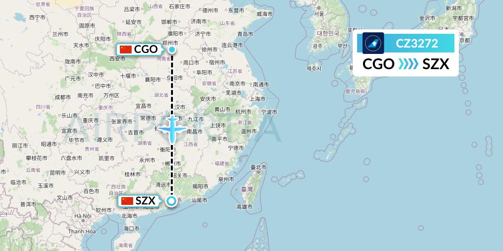CZ3272 China Southern Airlines Flight Map: Zhengzhou to Shenzhen