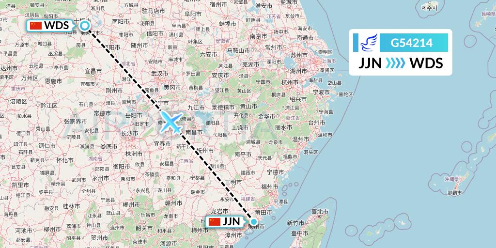 G54214 China Express Airlines Flight Map: Jinjiang to Shiyan