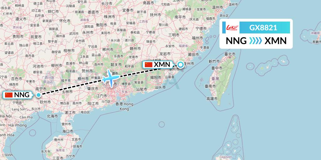 GX8821 GX Airlines Flight Map: Nanning to Xiamen
