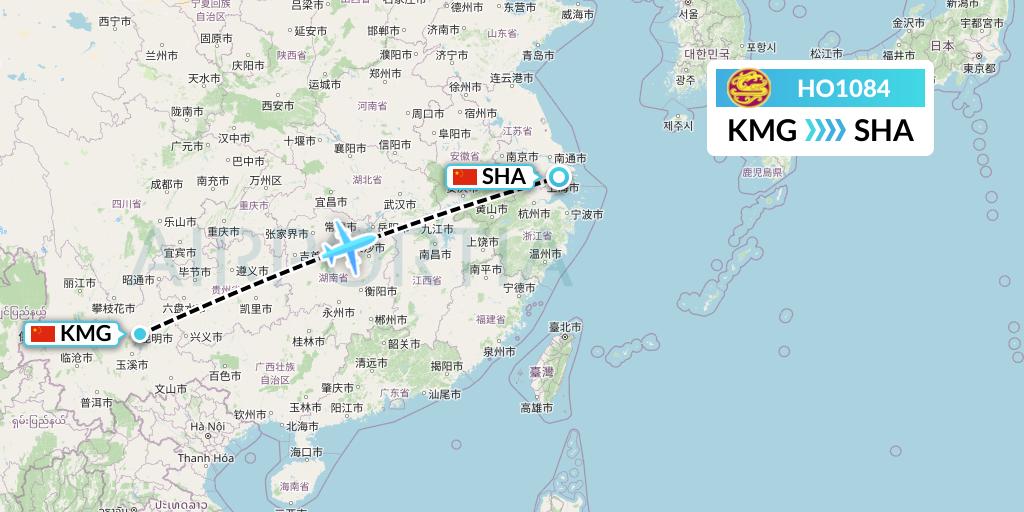 HO1084 Juneyao Airlines Flight Map: Kunming to Shanghai