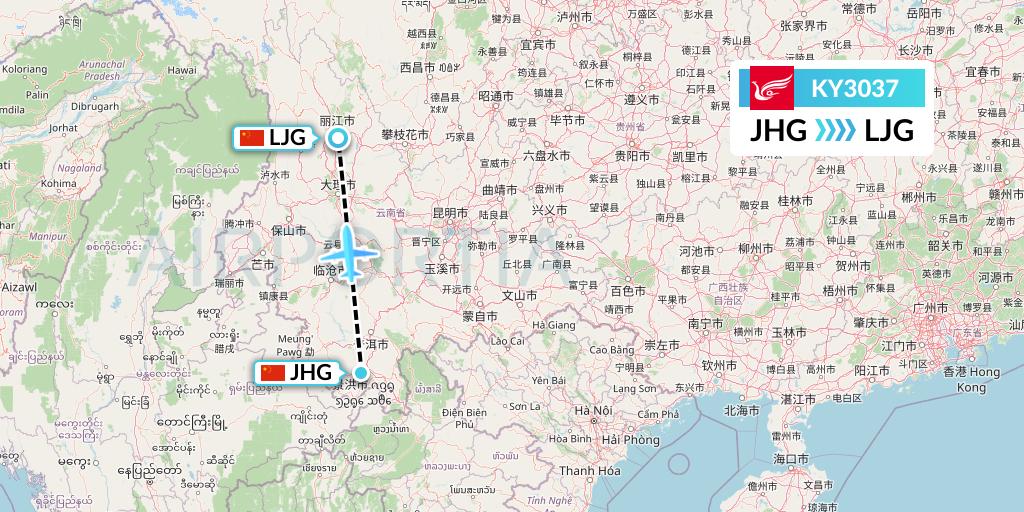 KY3037 Kunming Airlines Flight Map: Jinghong to Lijiang