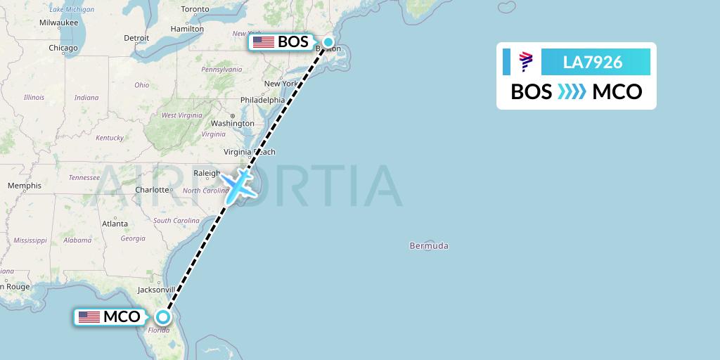 LA7926 LAN Airlines Flight Map: Boston to Orlando