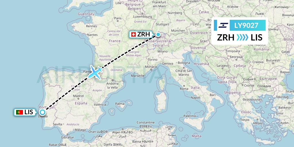 LY9027 El Al Flight Map: Zurich to Lisbon