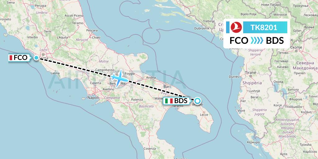 TK8201 Turkish Airlines Flight Map: Rome to Brindisi