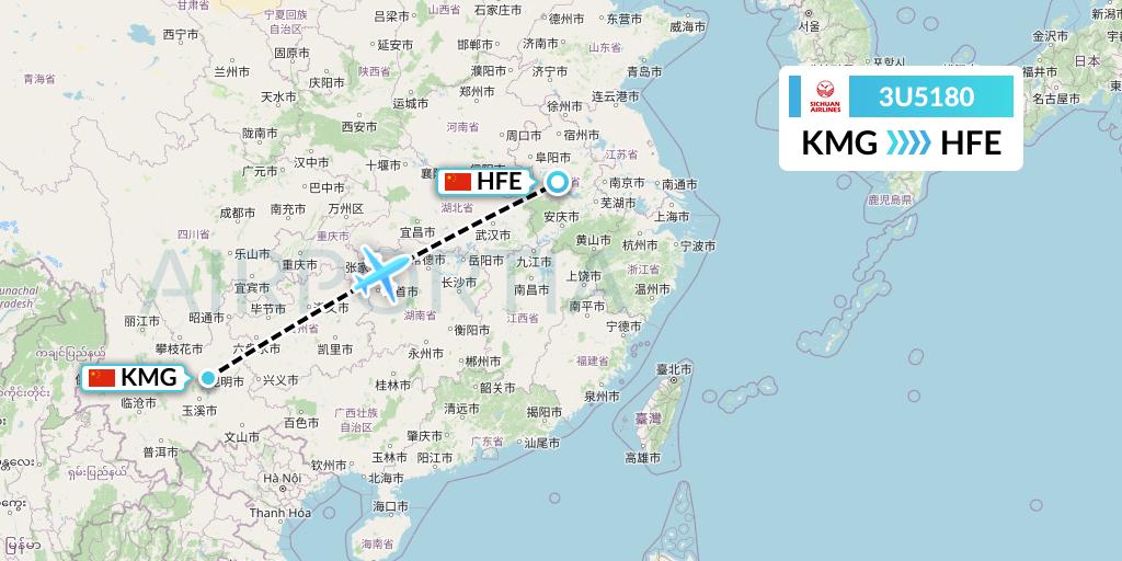3U5180 Sichuan Airlines Flight Map: Kunming to Hefei