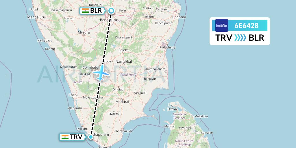6E6428 IndiGo Airlines Flight Map: Thiruvananthapuram to Bangalore
