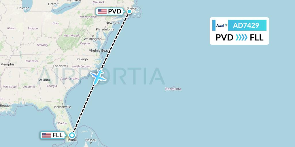 AD7429 Azul Brazilian Airlines Flight Map: Providence to Fort Lauderdale