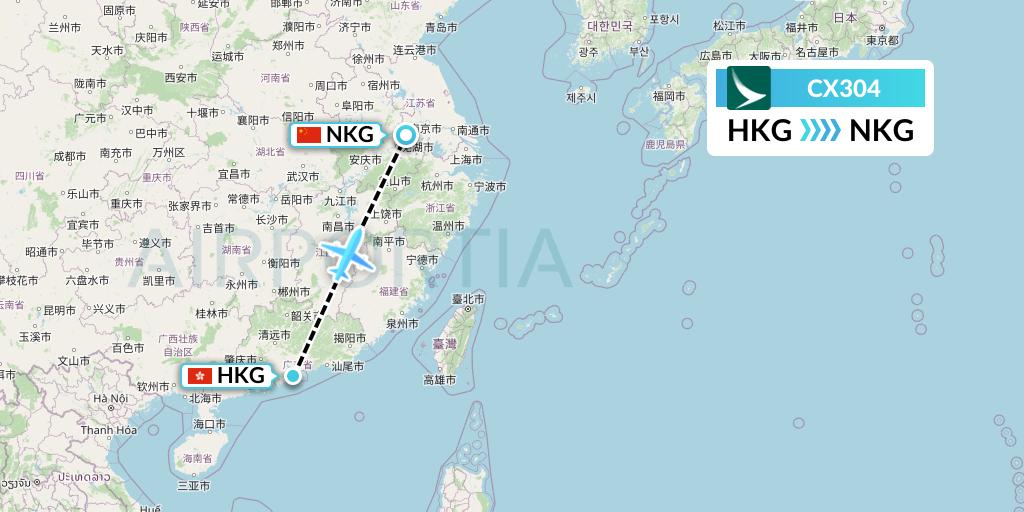 CX304 Cathay Pacific Flight Map: Hong Kong to Nanjing