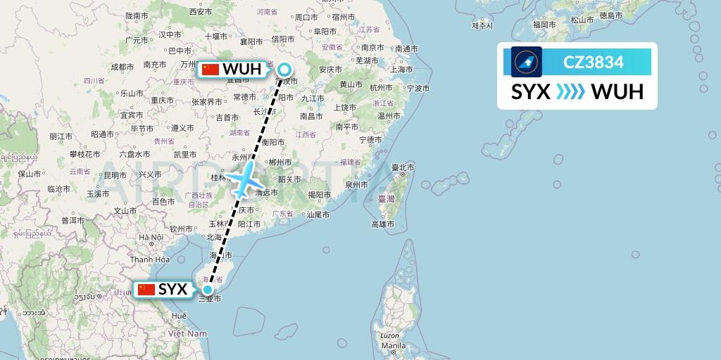 CZ3834 China Southern Airlines Flight Map: Sanya to Wuhan