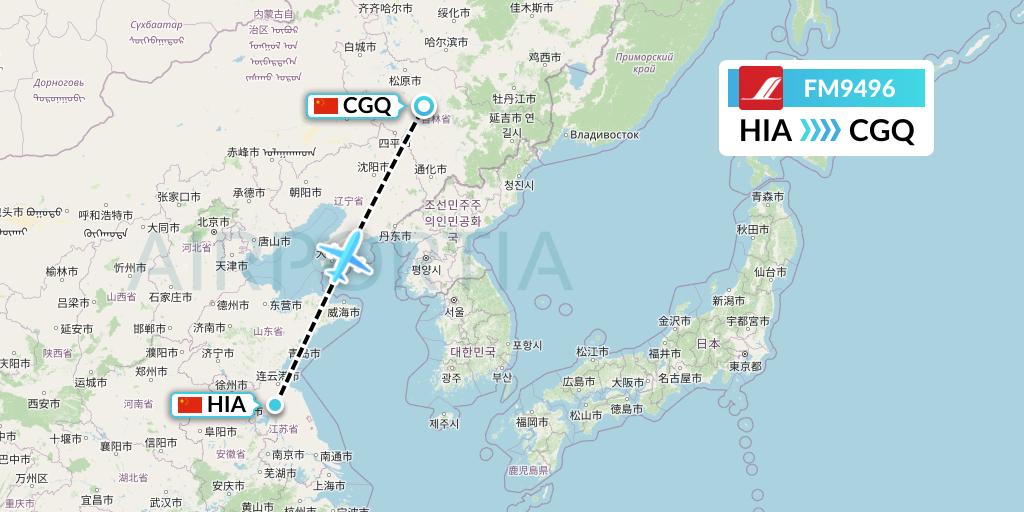 FM9496 Shanghai Airlines Flight Map: Huai'an to Changchun