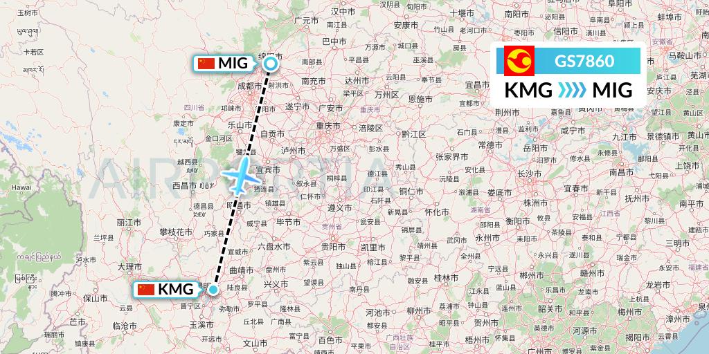 GS7860 Tianjin Airlines Flight Map: Kunming to Mianyang