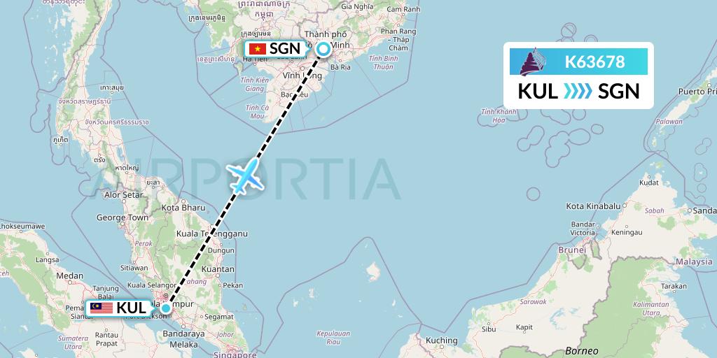 K63678 Cambodia Angkor Air Flight Map: Kuala Lumpur to Ho Chi Minh City