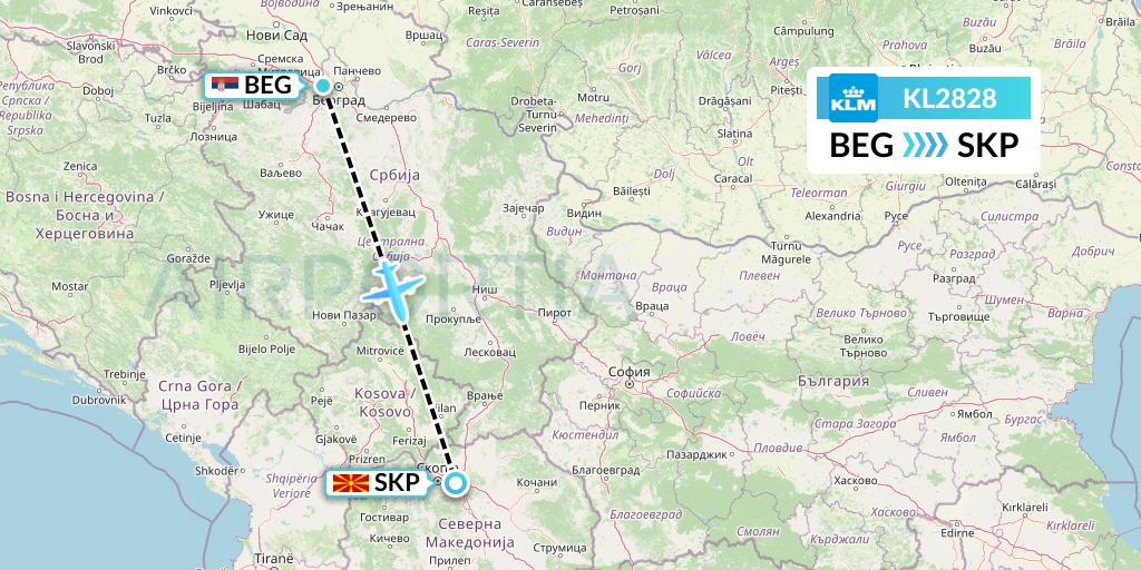 KL2828 KLM Flight Map: Belgrade to Skopje