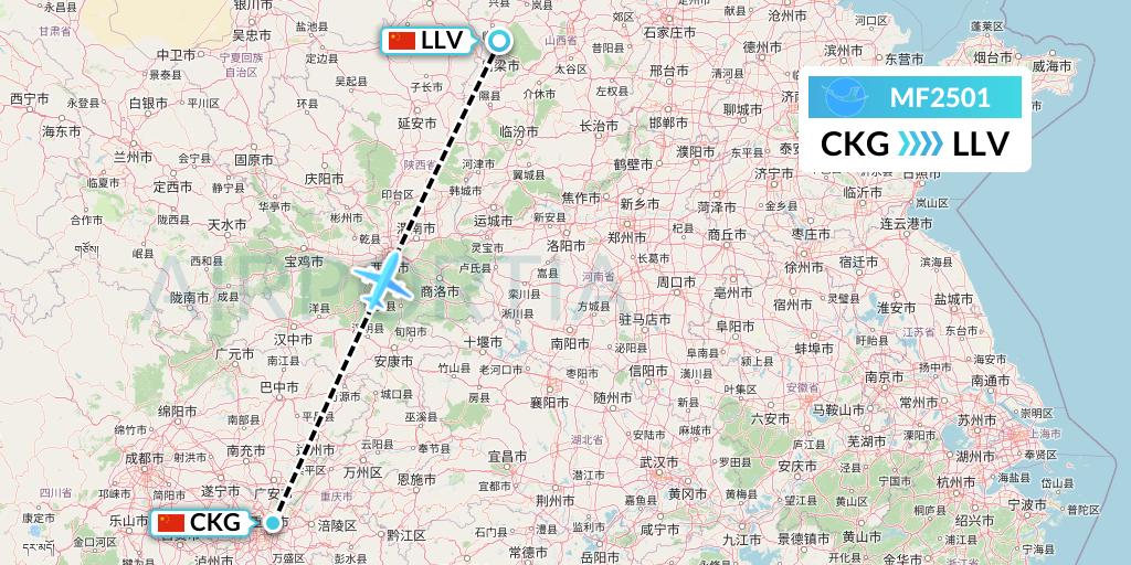 MF2501 Xiamen Airlines Flight Map: Chongqing to Kunming