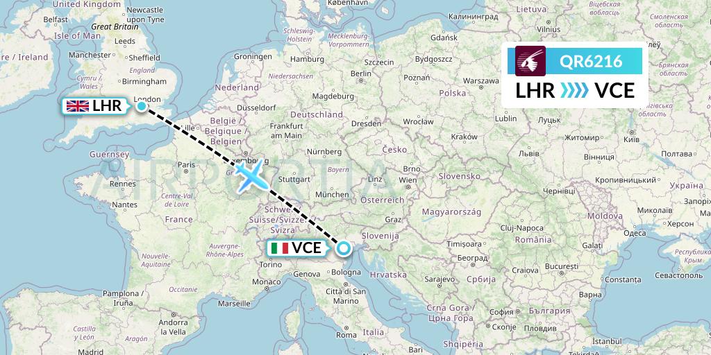 QR6216 Qatar Airways Flight Map: London to Venice