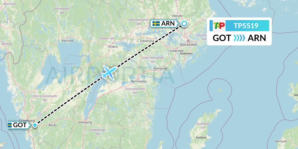 TP5519 TAP Portugal Flight Map: Gothenburg to Stockholm