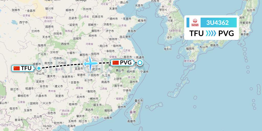 3U4362 Sichuan Airlines Flight Map: Chengdu to Shanghai