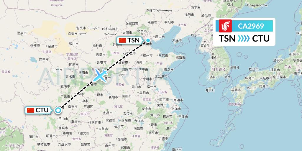 CA2969 Air China Flight Map: Tianjin to Chengdu