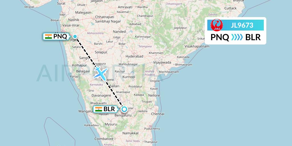 JL9673 Japan Airlines Flight Map: Pune to Bangalore