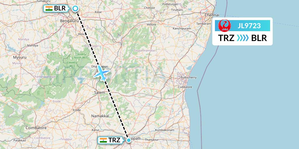 JL9723 Japan Airlines Flight Map: Tiruchirapalli to Bangalore