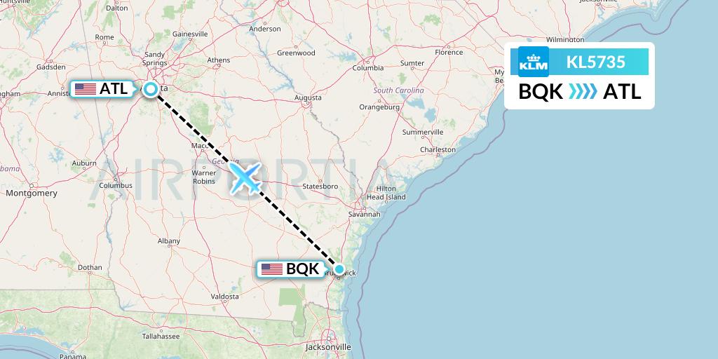 KL5735 KLM Flight Map: Brunswick to Atlanta