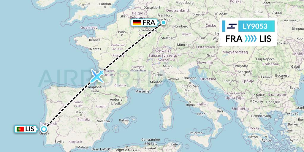 LY9053 El Al Flight Map: Frankfurt to Lisbon
