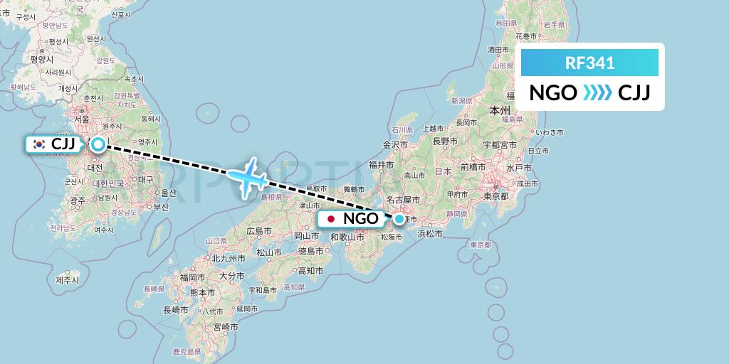 RF341 Aero K Airlines Flight Map: Nagoya to Cheongju
