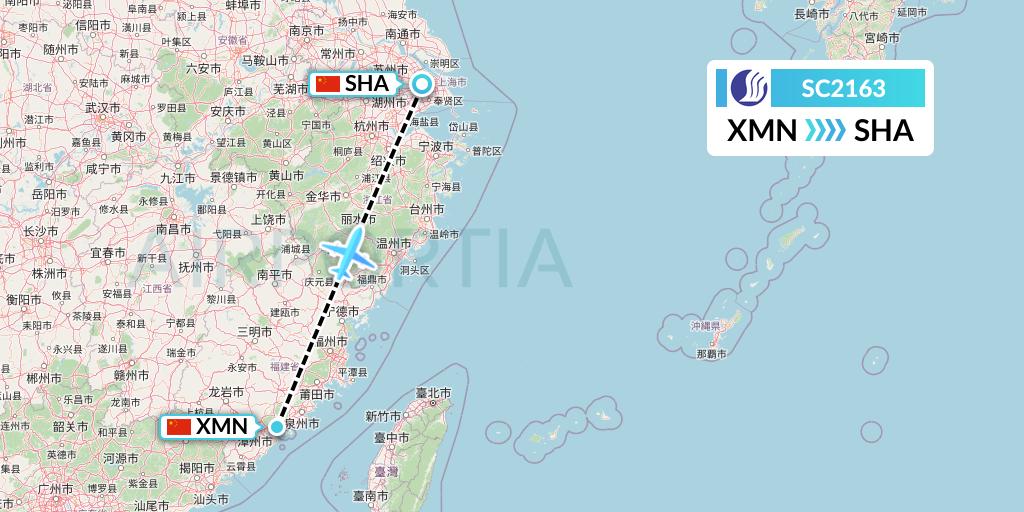 SC2163 Shandong Airlines Flight Map: Xiamen to Shanghai