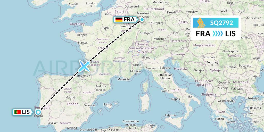 SQ2792 Singapore Airlines Flight Map: Frankfurt to Lisbon