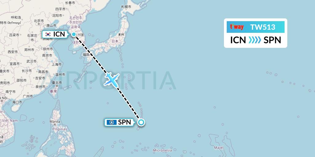 TW513 T'way Air Flight Map: Seoul to Saipan
