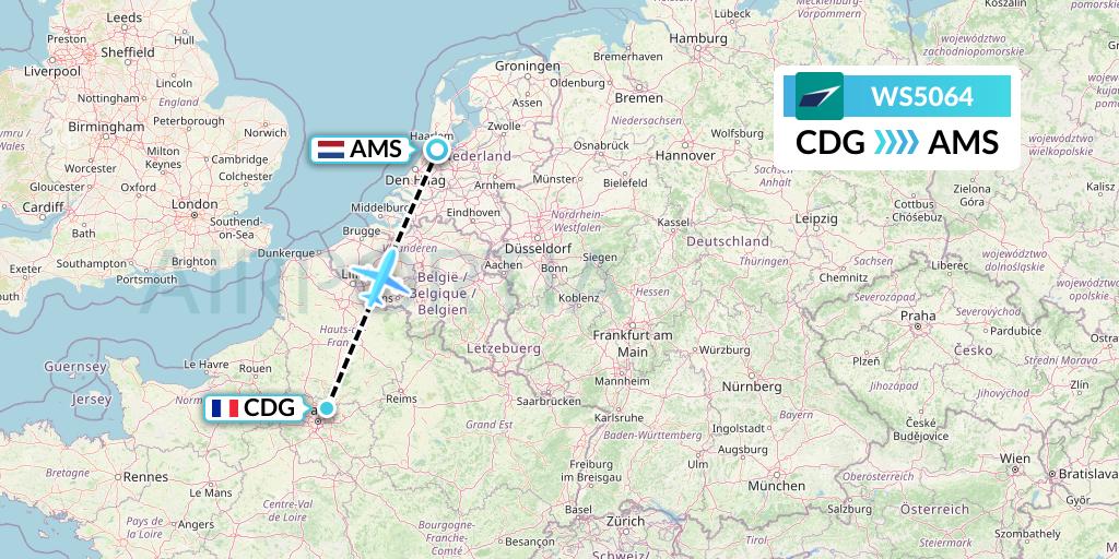 WS5064 WestJet Flight Map: Paris to Amsterdam