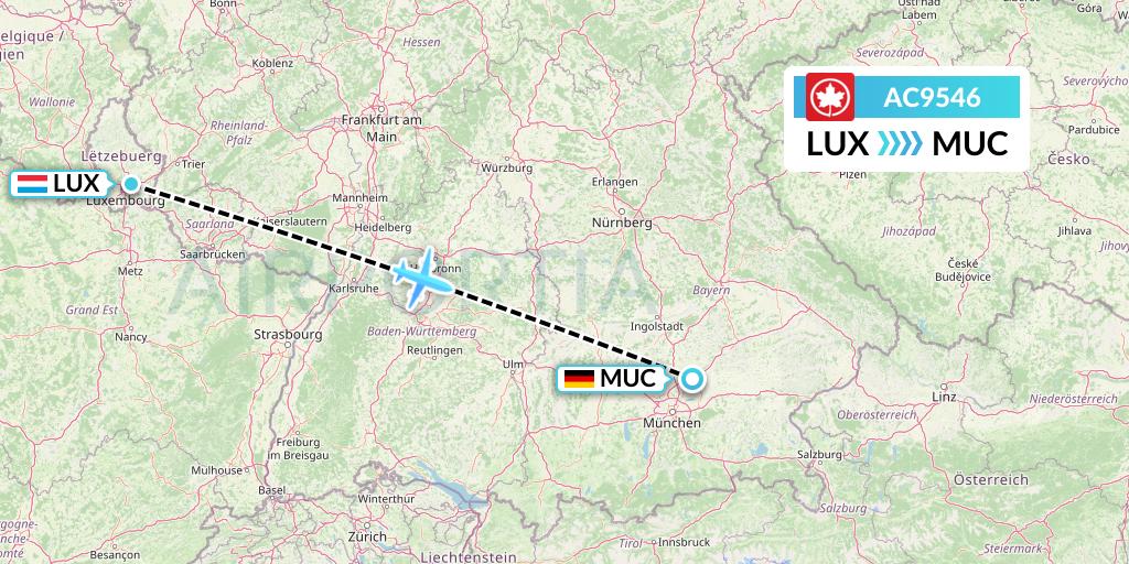 AC9546 Air Canada Flight Map: Luxembourg to Munich