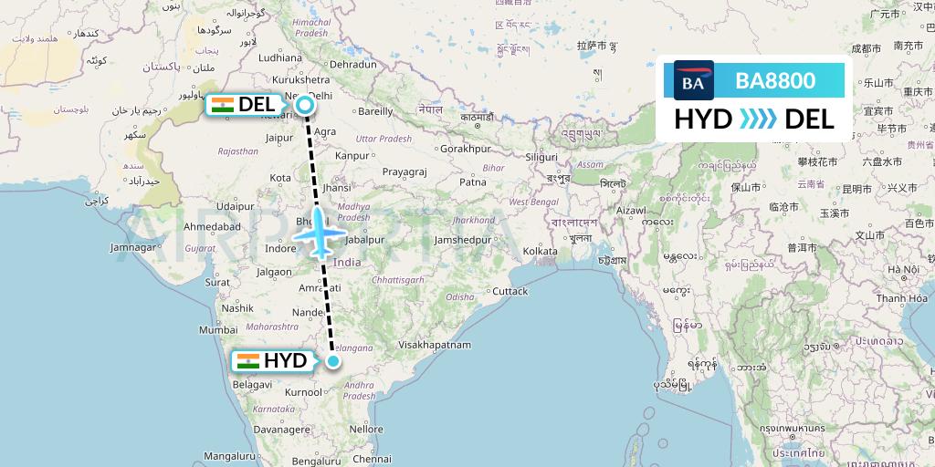 BA8800 British Airways Flight Map: Hyderabad to Delhi