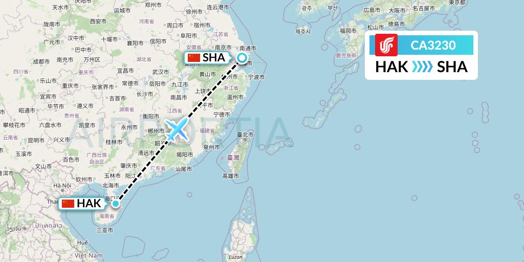 CA3230 Air China Flight Map: Haikou to Shanghai