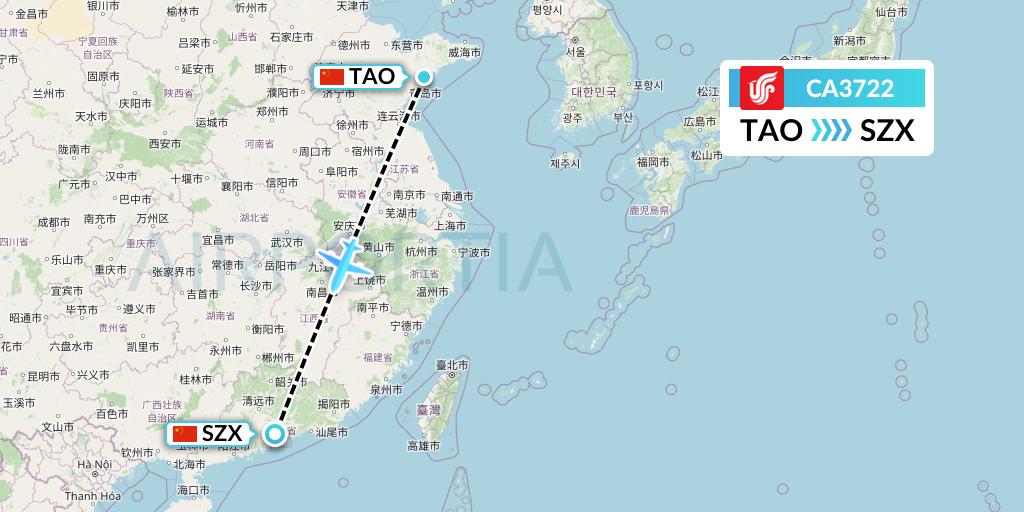 CA3722 Air China Flight Map: Qingdao to Shenzhen