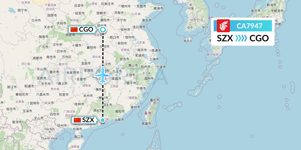 CA7947 Air China Flight Map: Shenzhen to Zhengzhou