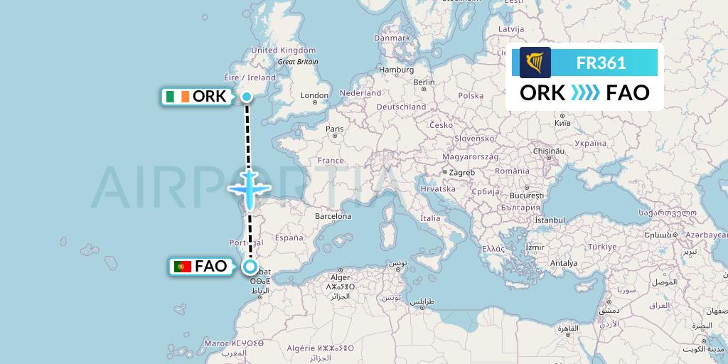 FR361 Ryanair Flight Map: Cork to Faro
