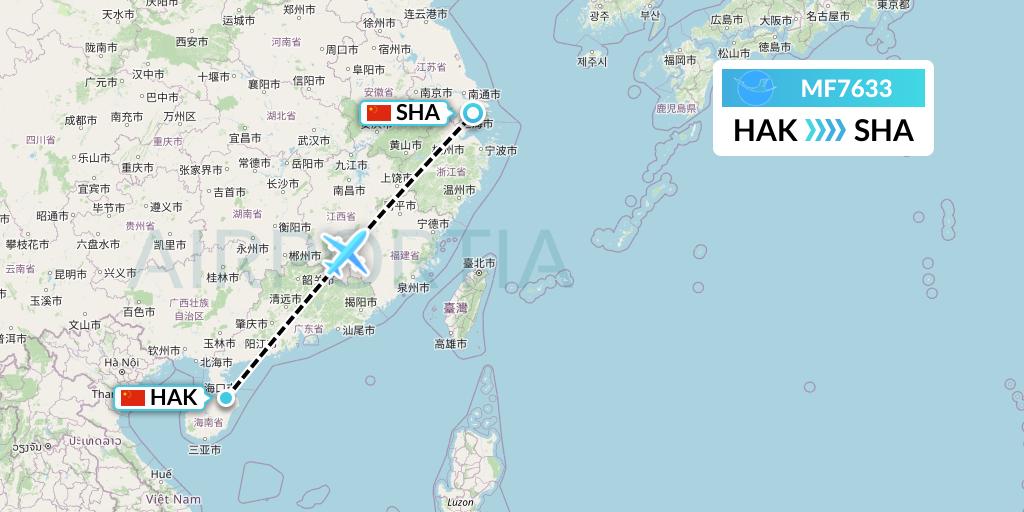MF7633 Xiamen Airlines Flight Map: Haikou to Shanghai