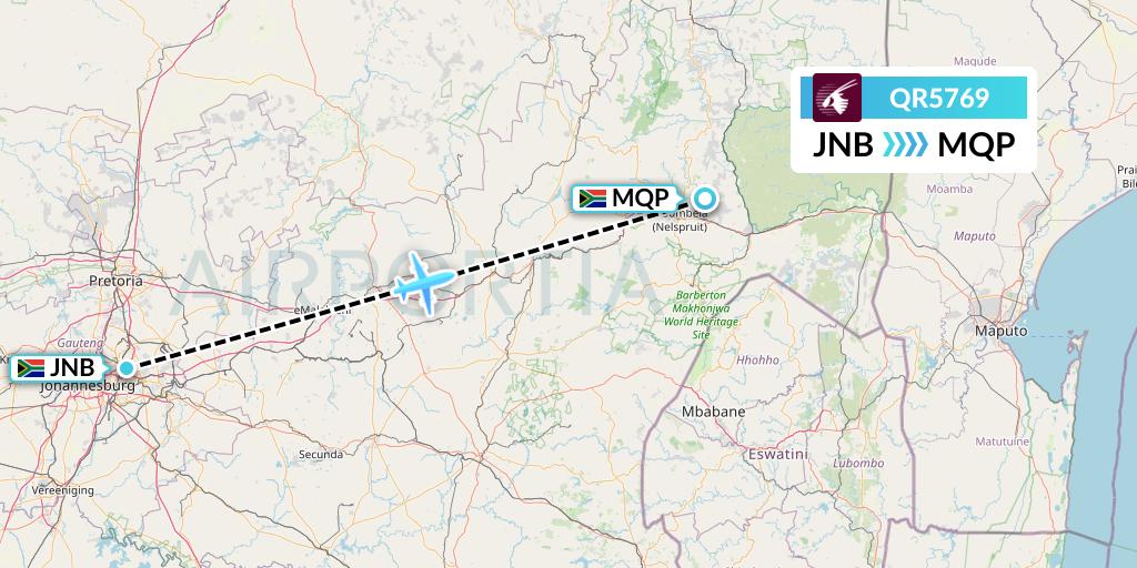 QR5769 Qatar Airways Flight Map: Johannesburg to Nelspruit