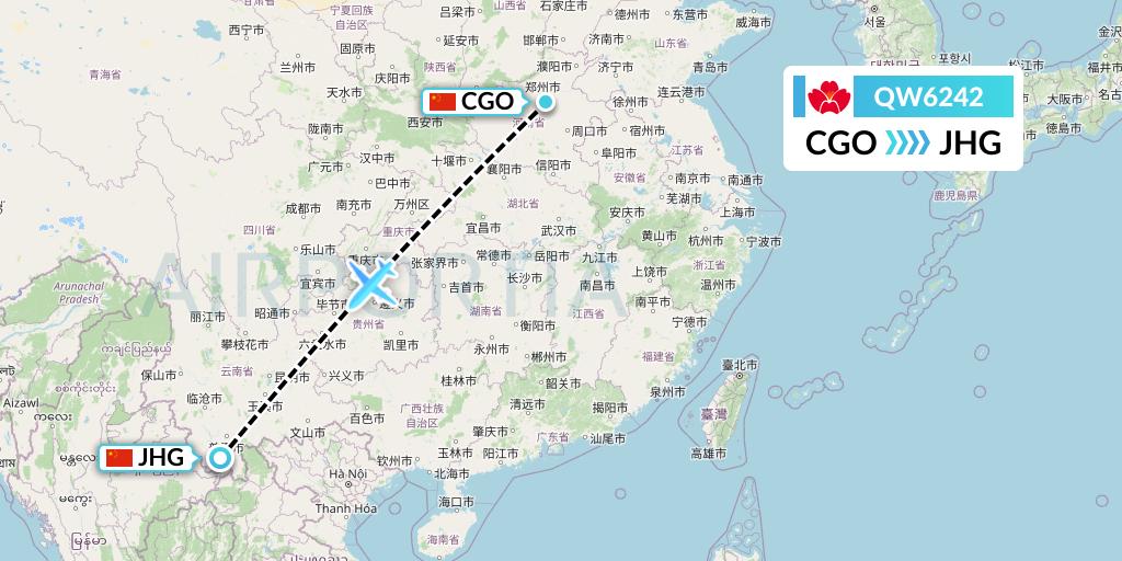 QW6242 Qingdao Airlines Flight Map: Zhengzhou to Jinghong