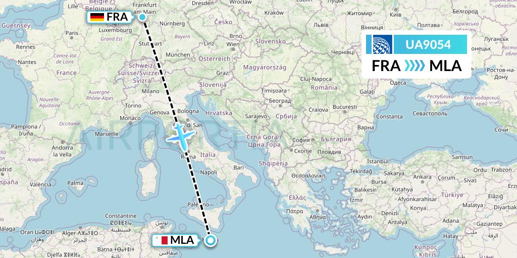 UA9054 United Airlines Flight Map: Frankfurt to Malta