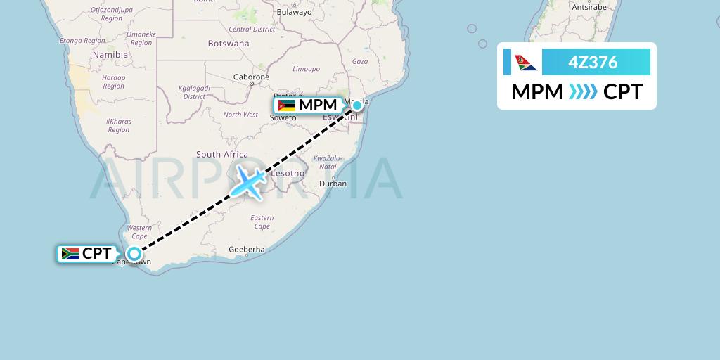 4Z376 Airlink Flight Map: Maputo to Cape Town