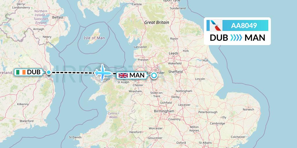 AA8049 American Airlines Flight Map: Dublin to Manchester