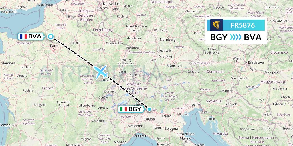 FR5876 Ryanair Flight Map: Milan to Paris